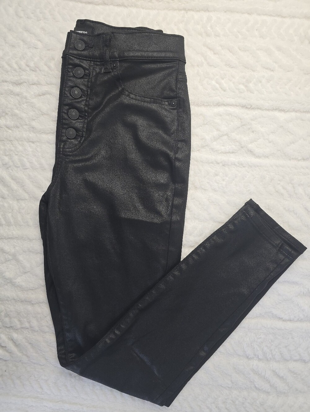 Express Leather Look Pants Coated Black Button Fly High Rise Skinny Edgy Moto 8R